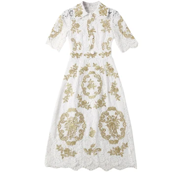 

Women Lace Dress 2018 High Quality Runway Designer Turn-down Collar Half Sleeve Embroidery Dresses DX0329N