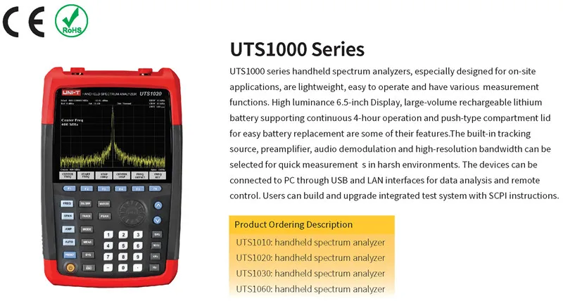 UNI-T UTS1010 ручной анализатор спектра; 9 кГц до 2 ГГц анализатор спектра, 1 Гц разрешение, USB связь