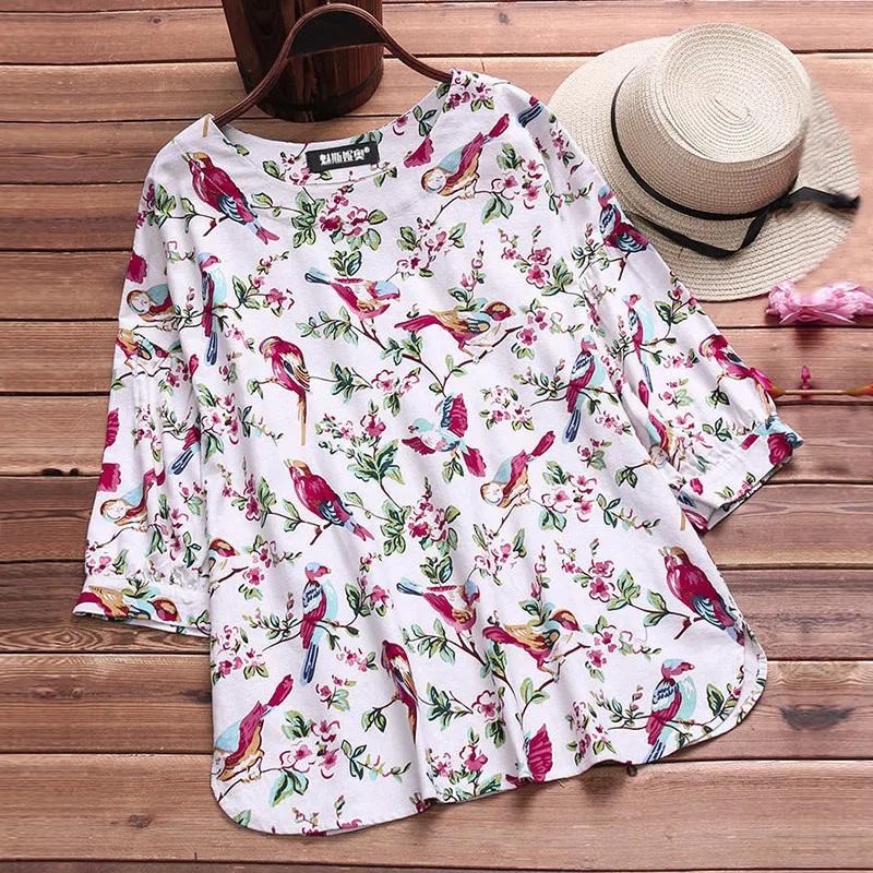 2019 كبير جدا القمم المرأة فضفاض الترفيه 3/4 كم قمصان الربيع زائد حجم الأبيض بلوزة قطن قميص كتان زهرة طباعة قميص 5XL