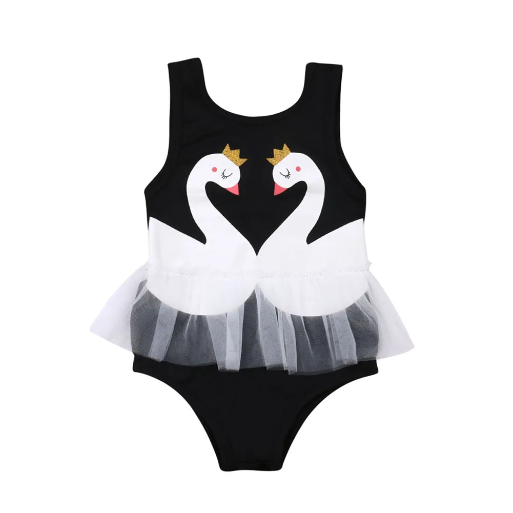 Летний Цельный купальник для девочек, Милый принт "Лебедь", одежда для купания для девочек, купальные костюмы без рукавов, черные кружевные детские комбинезоны