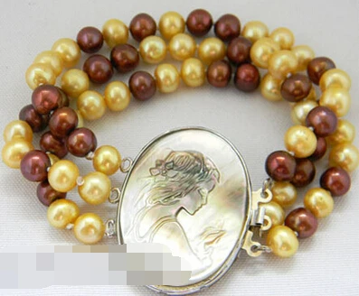 

free shipping 09454 3row golden coffee round freshwater pearl Bracelet