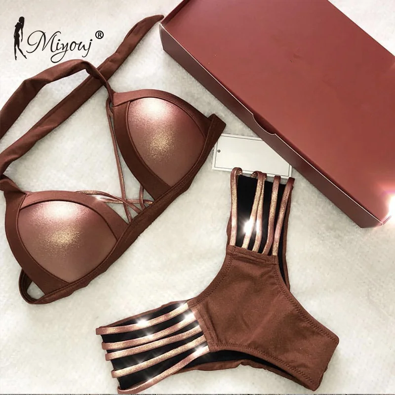 

Miyouj Bandage Bikini Hollow Out Sexy String Swimsuit Flash Push Up Swimwear Bathing Suit Women Biquini Thong Solid Bikini Set