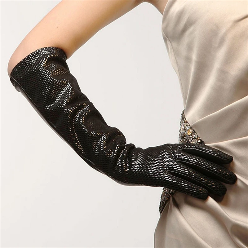 Fashion Snakeskin Pattern Brand Genuine Leather Gloves Black Women
