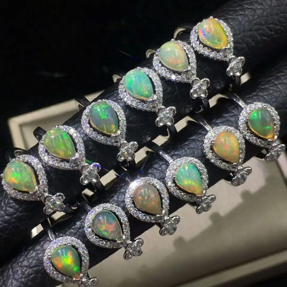 100% 925 Sterling Silver Real Natural Opal Rings Pear 5x7mm Opal