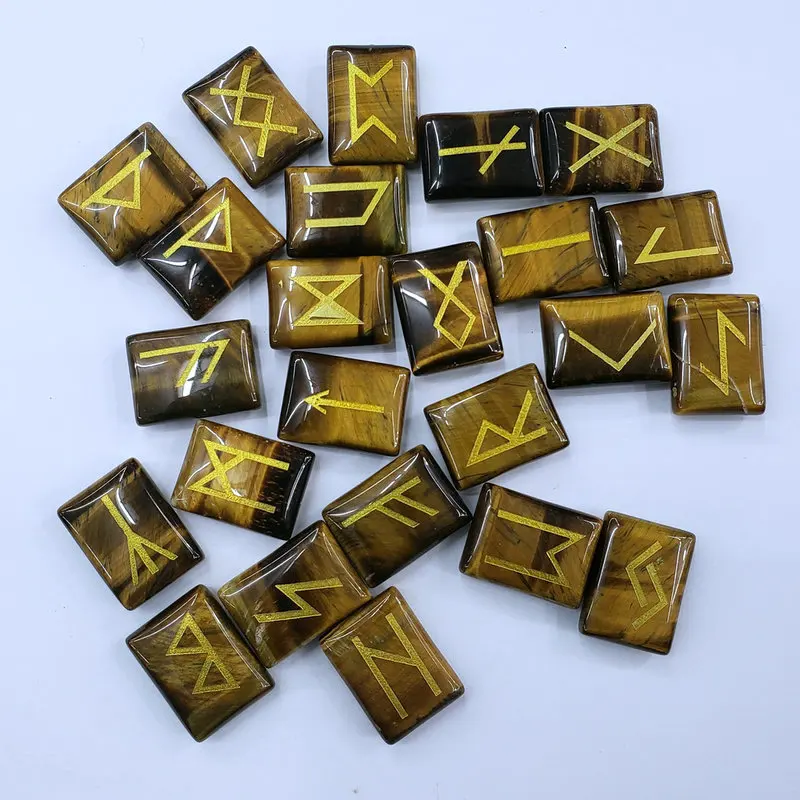 

2019 Hot 25pcs Natural Tiger eye Stone Viking Runes Amulet Set Reiki Healing Crystal Divination Tumbled Stone bead free shipping