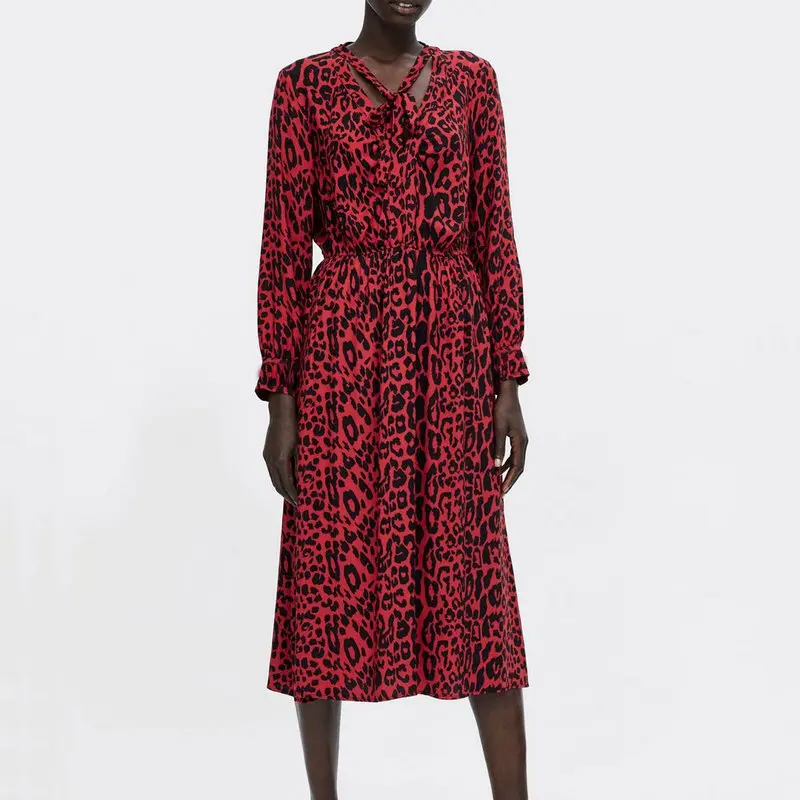 

Women Spring Bow Tie Leopard Print Pleated Dress Red Animal Pattern Elastic Waist Long Sleeve Chic Midi Ladies Dresses Vestidos