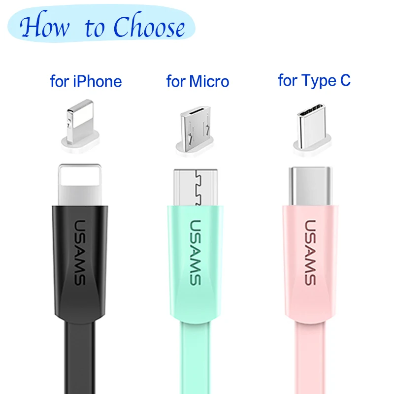 USAMS USB Cable de tipo C Micro USB Cable para Samsung para Xiaomi Huawei LG cable de carga USB para iPhone 8 7 6 S 6 puls 5 5S SE