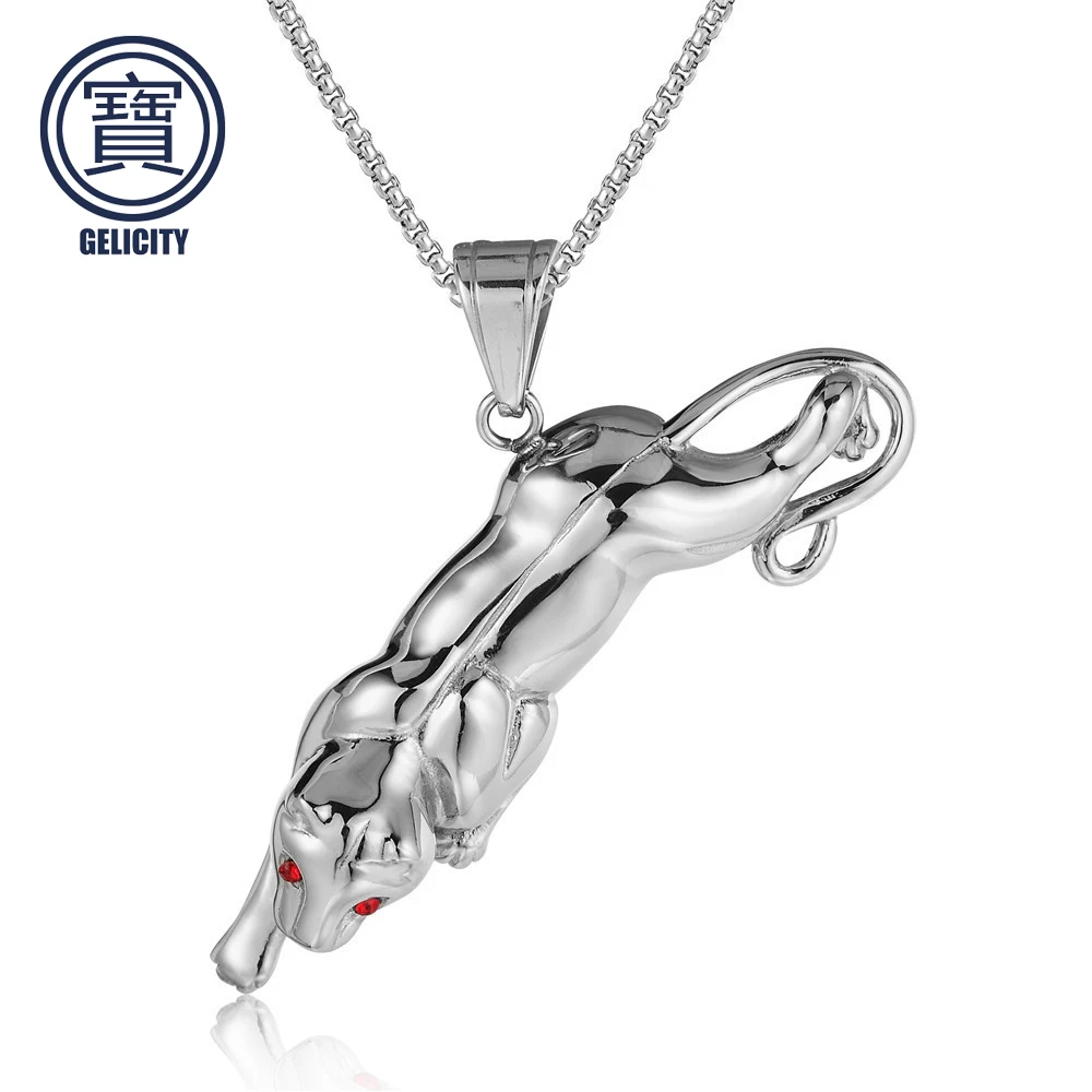 

GELICITY Silver Titanium Steel Cheetah Design Hip-hop Pendant Personality Red Stone Eyes Punk Pendant Bkier Necklace Lover Gift