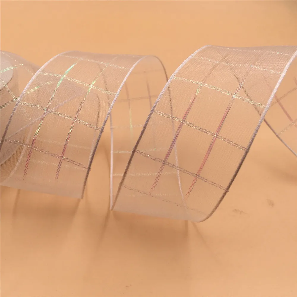 

Free Shipping 25yards roll white plaid lattice organza gift box packaging wired edge ribbon