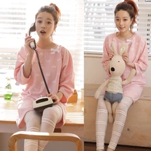 Lovely Pink design Summer style bowknot round neck big size Cotton maternity clothes Pajama Set for pregnant maternity sleepwear