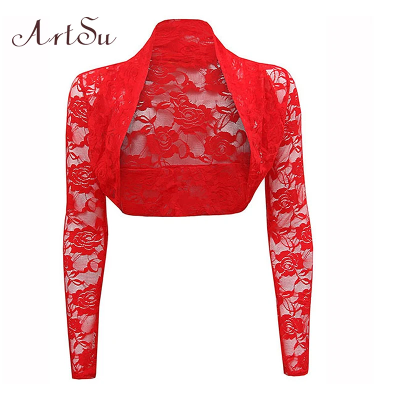 ArtSu Elegant Wraps Lace Jackets Women Long Sleeve Cropped