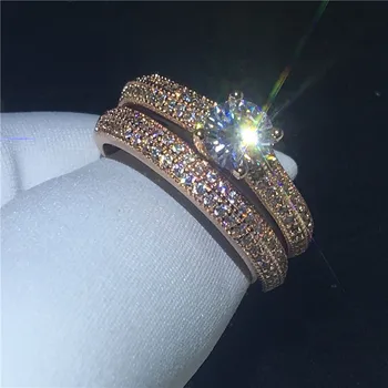 

Fashion ring set Rose gold filled 925 Silver Pave setting 5A zircon Stone Engagement Wedding Band Rings for women men Gift