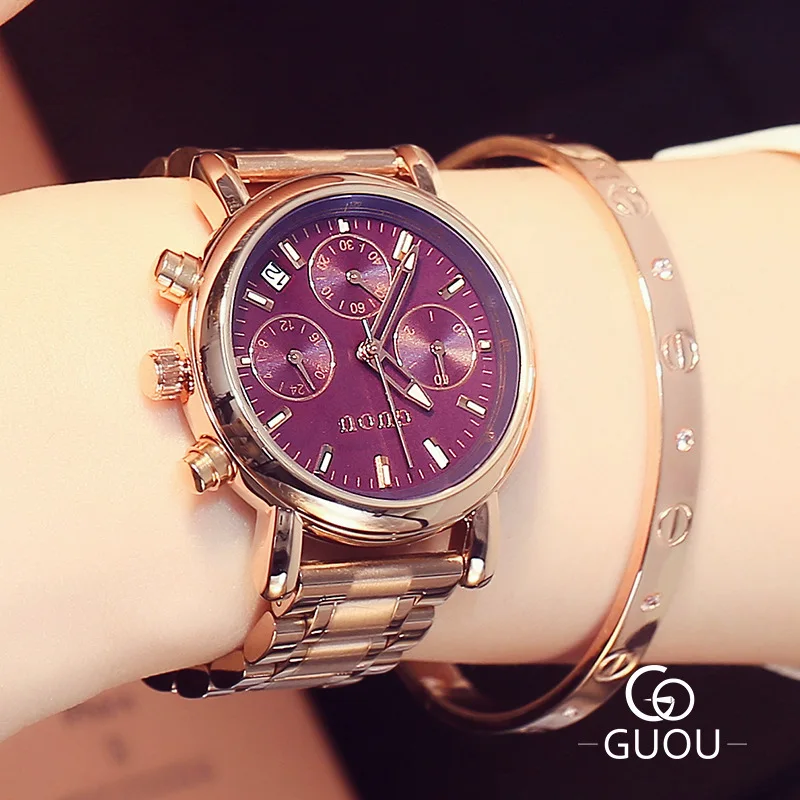 AAA GUOU модные роскошные женские часы из нержавеющей стали с календарем из розового золота с 3 глазами женские платья мужские кварцевые часы