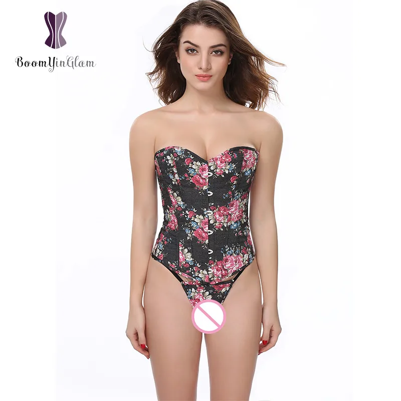 

858# Fashion design high quality Denim fabric rose jeans corset floral bustier