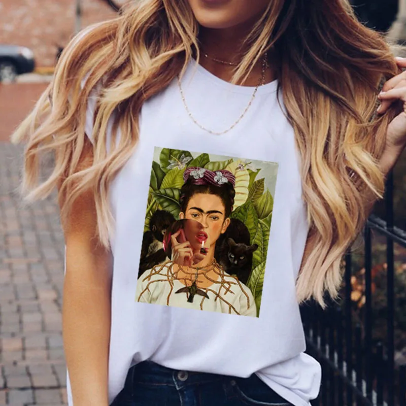 

Korean Styel Frida Kahlo Painting Summer Tops Women Tshirts Cotton Graphic Tees Funny T Shirt Aesthetic 90s Graphic T Shirts