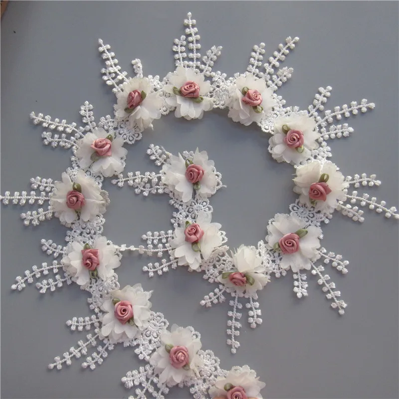 10X растворимые белые шифоновые розы цветы вышитые бахрома кисточка кружевная отделка Лента ткань шитье ремесло свадебное платье украшения