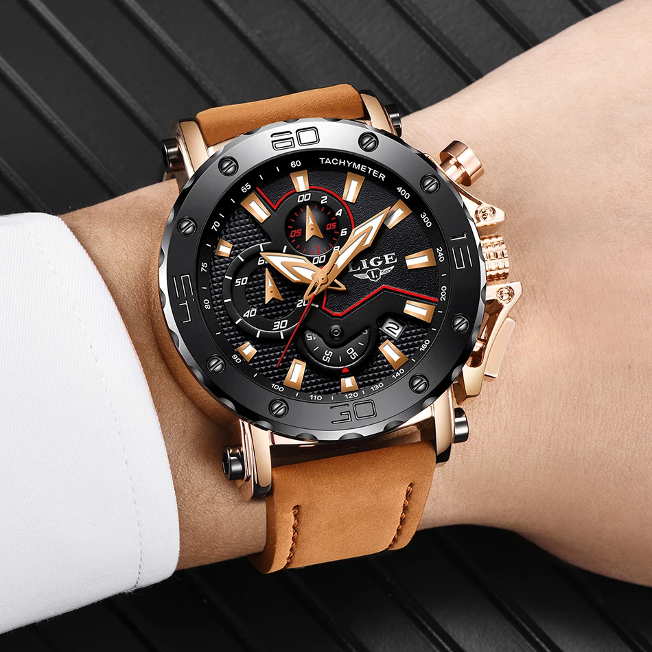 

2019 LIGE Men Watches Brand Luxury leather Strap Waterproof Sport Quartz Chronograph Military Watch Men Clock Relogio Masculino
