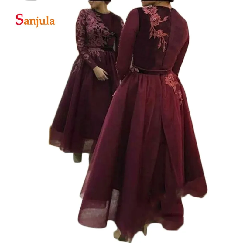 

Burgundy Tulle Skirt Mother of the Bride Dresses Long Sleeves Abaya Arabic Volvet Top Appliques Ankle Length Formal Dresses D883