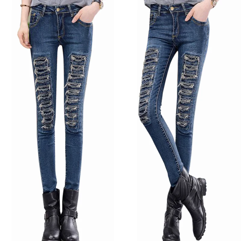 

Denim Slim Pencil Pants Ripped Jeans For Women Blue Skinny Mid Waist Vintage Holes Femme Female Casual Cotton Trousers