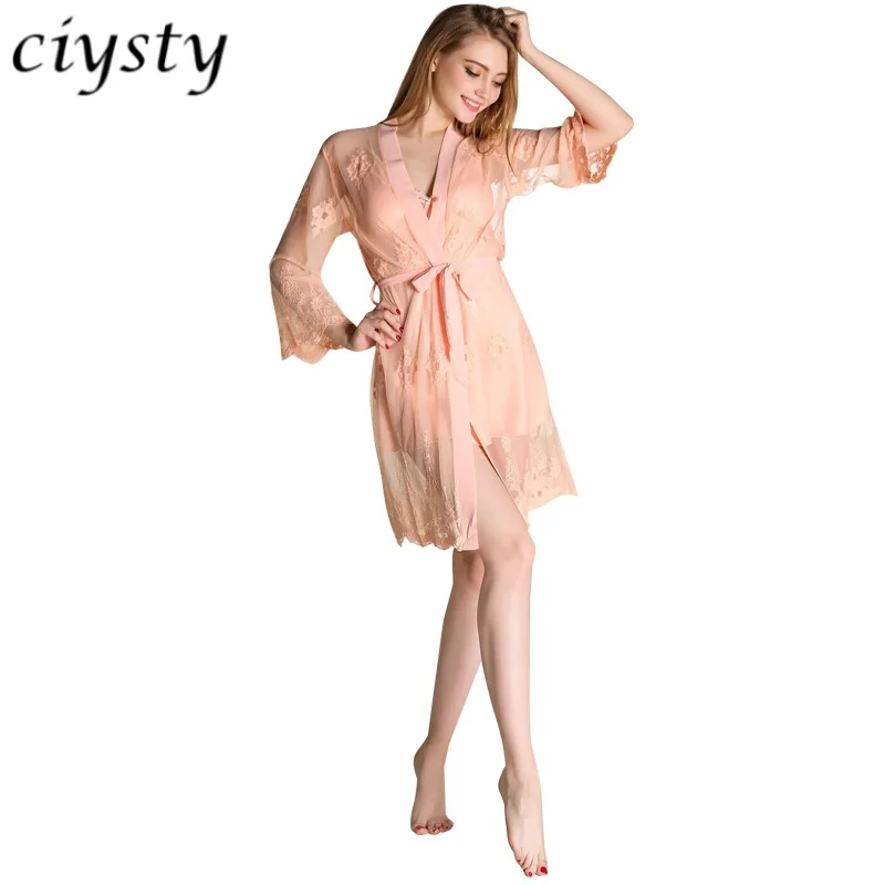 2018 Fall silk long sleeve two-piece suit Sleeping Skirt tempting mesh yarn lace sexy white Pink Red women's sleepwear New | Женская