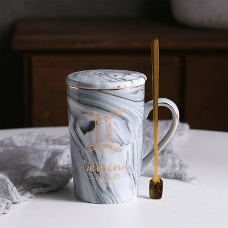WOURMTH расписанный вручную Золотой вензель мраморный фарфор кофейная кружка 12 Созвездие чайные чашки молочные кружки креативный подарок для пары - Цвет: Gemini gray