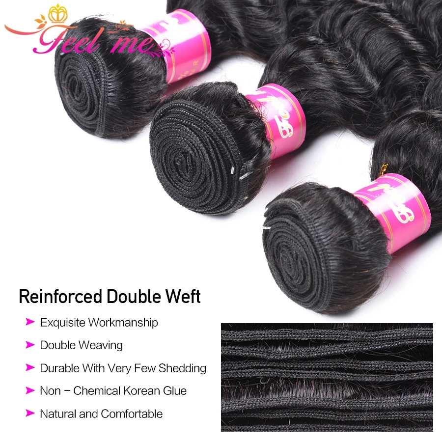 FEEL ME Brazilian Deep Wave Bundles Hair 100% Human Hair Weave Bundles Can Buy 1/3/4 PCS Natural Color Remy Hair Extensions