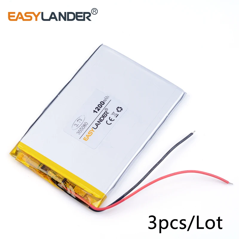 

3pcs /Lot 3.7v lithium Li ion polymer rechargeable battery 305080 1200mAh For MP5 GPS MP4 digital products general battery