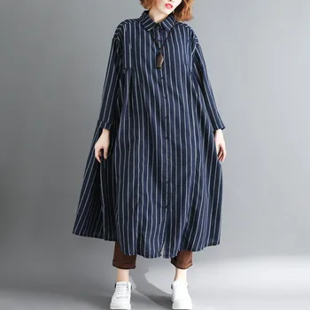 

Women Blouse Shirt Long Sleeve Cardigan Autumn Femme Big Sizes Vestidos Striped Print Loose Casual Lady Large Clothing LP207