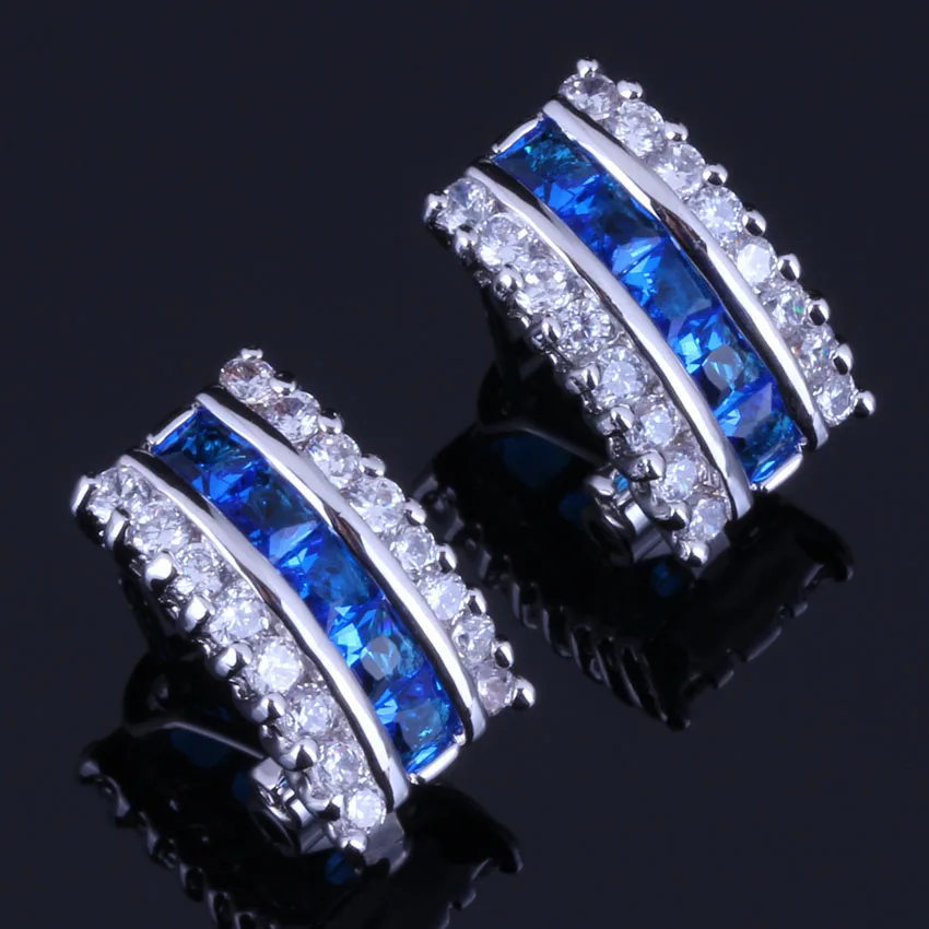 

Perfect Square Blue Cubic Zirconia White CZ 925 Sterling Silver Clip Hoop Huggie Earrings For Women V0383
