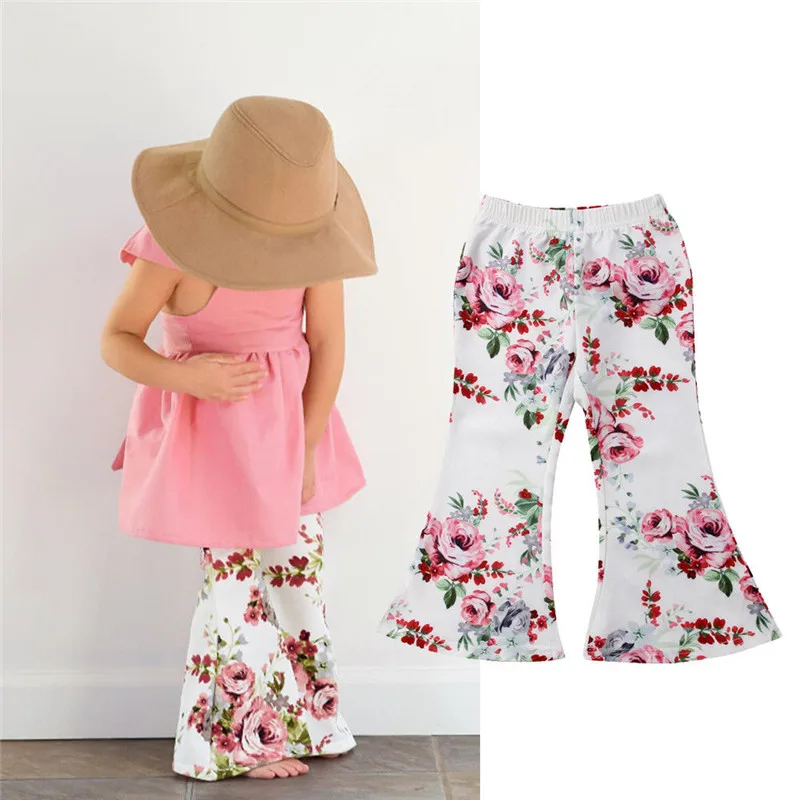 High Waist Floral Baby Kids Girl Flare Pants Clothes Children Loose Bell Bottom Trousers Full 