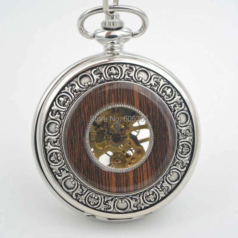 Mens Silver Tone Hollow Case Romen Number Hand Wind Mechanical Pocket 