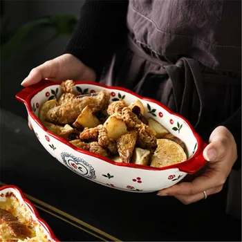 

KINGLANG Cherry rectangular baking dish oven home ceramics binaille cheese risotto dish Italian lasagna dish