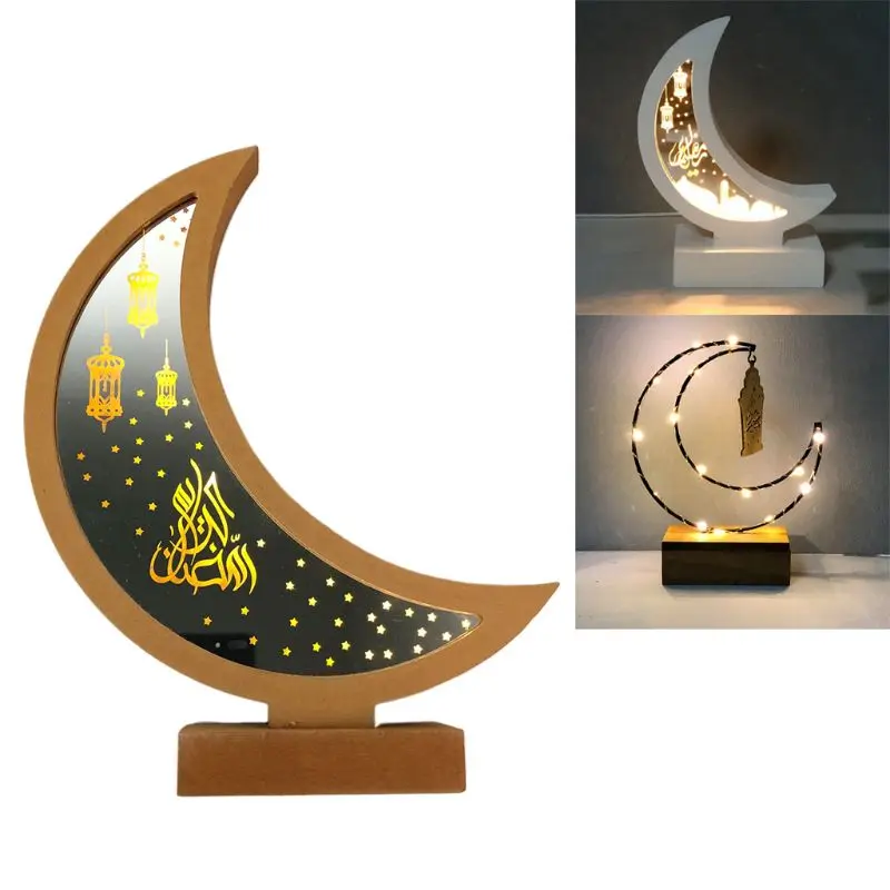

Wooden Ramadan Eid Mubarak Moon Star Islam Hanging Pendant Plate With LED String Lights Ornament Home Party Supplies DIY Gift