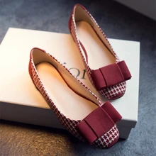Туфли в стиле ретро с мелким носком и квадратным узором «гусиная лапка»; удобная женская обувь на плоской подошве с бантом; сезон весна-осень