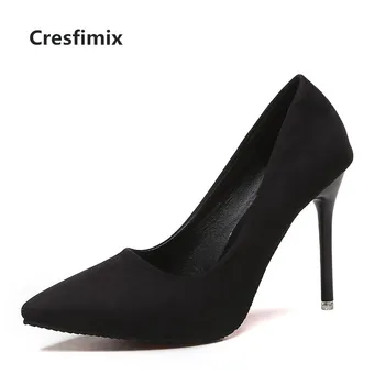

Cresfimix women cute comfortable flock high heel shoes lady fashion sweet spring & summer office black high heel shoes b2912
