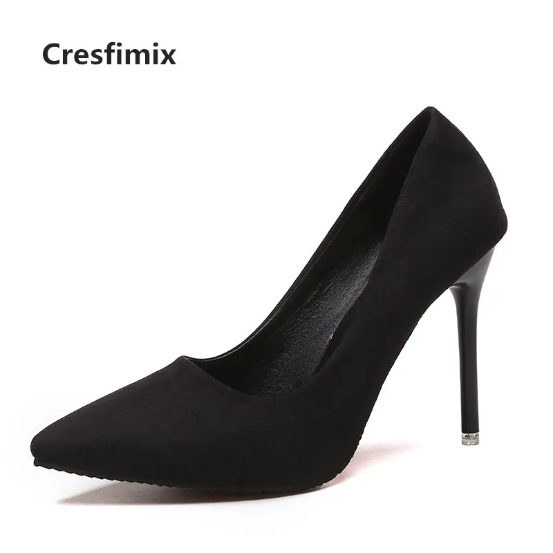 Женские офисные туфли Cresfimix черные из флока на высоком каблуке весна-лето b2912 |