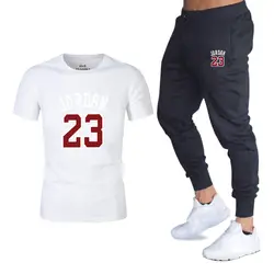 2019 новый мужской спортивная футболка + брюки костюм бренд красный 23 печать Качественный хлопок гимнастическая майка брюки футболка