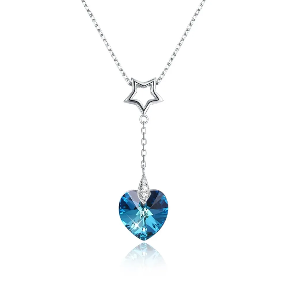 

INALIS Long Chain Pendant 925 Sterling Silver Hollow Star with Heart Natural Clear Blue Crystal Dangle Necklace for Women Bijoux