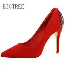 

BIGTREE 2018 Shoes Woman Pumps Crystal Pointed Toe Suede Stilettos Super High Thin Heel Casual Party Wedding Office Dress Shoes