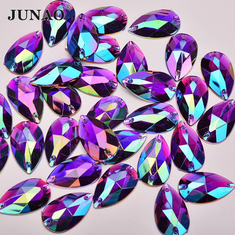 

JUNAO 17*28mm Sewing Large Purple AB Teardrop Rhinestone Applique Flatback Acrylic Crystal Stones Sewn Strass Diamond for Crafts