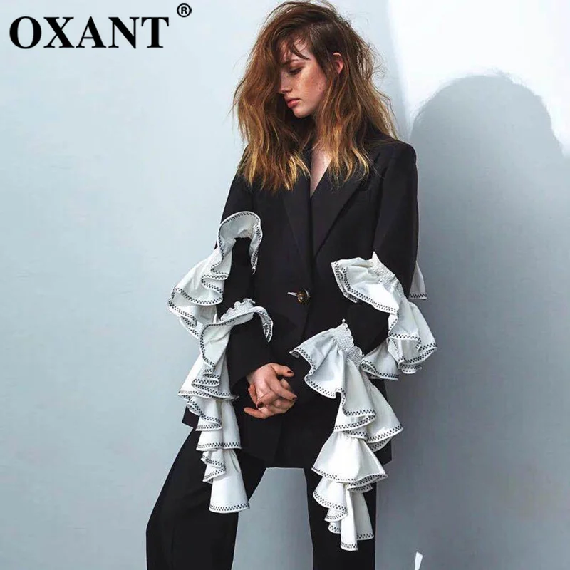 OXANT оборками ленты блейзер для женщин лоскутное с длинным рукавом одноцветное черное пальто женский 2019 Мода ПР костюмы