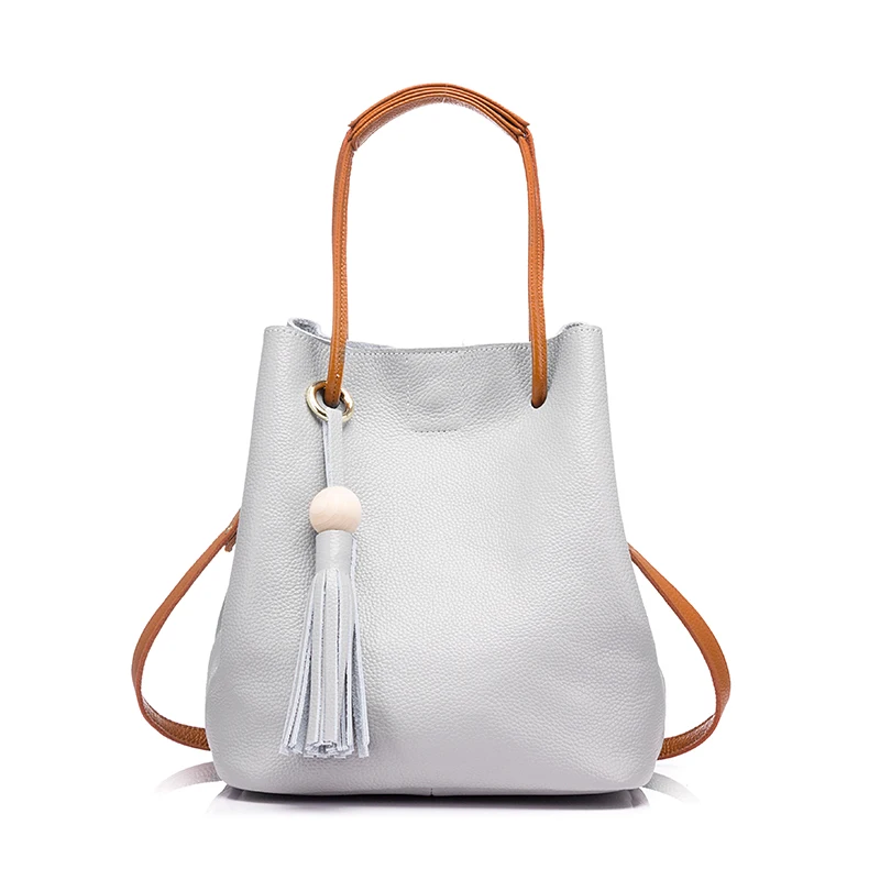 REALER сумка женская натуральная кожа сумка женская через плечо сумка через плечо с кисточкой шнурок ковша дамы сумка - Цвет: Серый