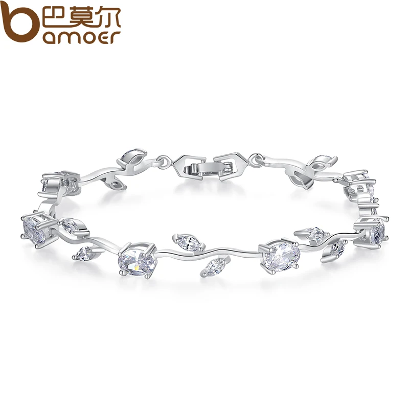 

BAMOER Real White Gold Color Leaf Chain & Link Bracelet with Clear Rhinestone for Mother's Day Gifts Jewelry JIB071