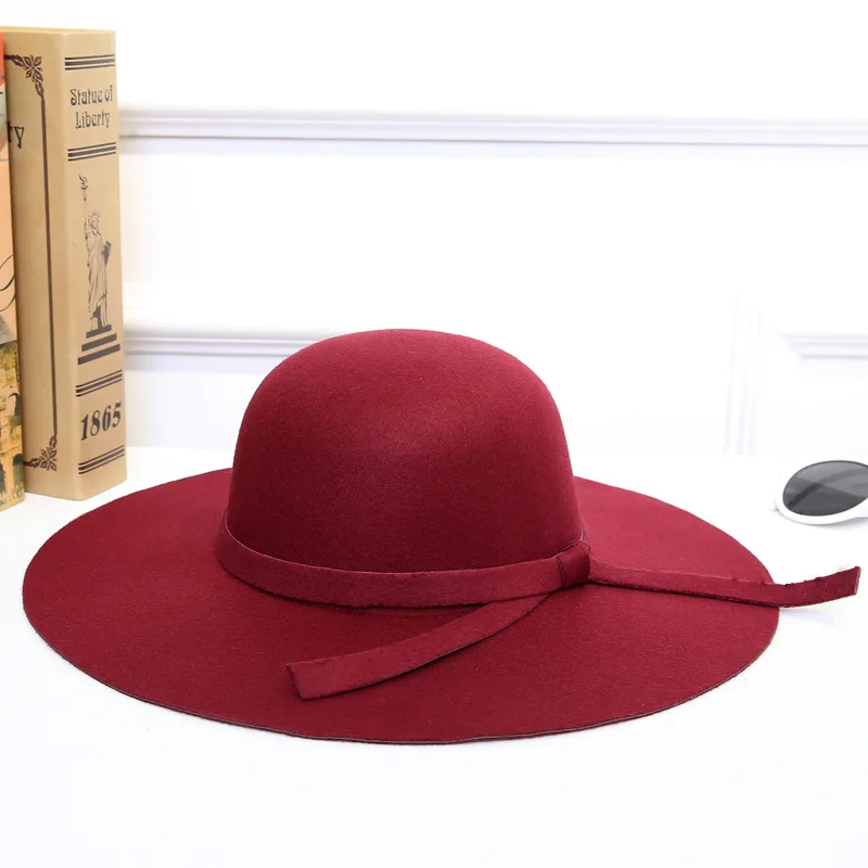 Women's Hat Cap Woman Classic Retro Jazz Warm Ladies Fedora Bucket Cotton Sweet Caps Wide Brim Top Sun Hat Trendy Vintage - Цвет: Burgundy