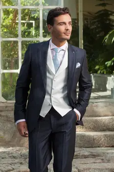 

Custom Made Groom Tuxedo Navy Blue Groomsmen Peak Lapel Wedding/Dinner Suits Best Man Bridegroom (Jacket+Pants+Tie+Vest)B392