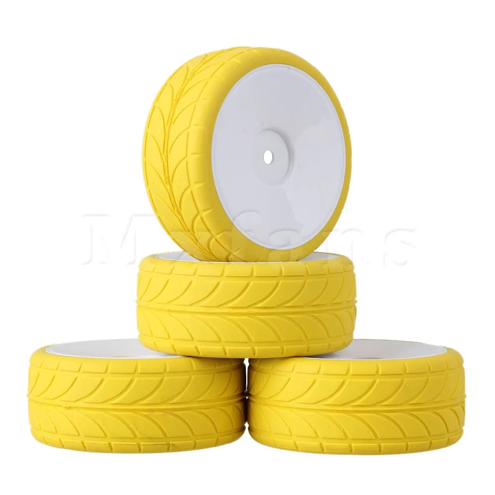 

Mxfans 4 x RC1:10 On Road Car Yellow Arrow Pattern Rubber Tyre+White Smooth Wheel Rim