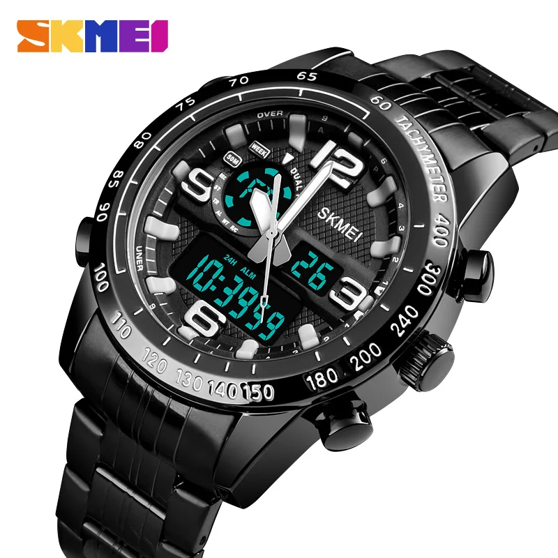 SKMEI Luxury Brand Watch Men Military Quartz Watches Steel Strap Waterproof Dual Display WristWatch