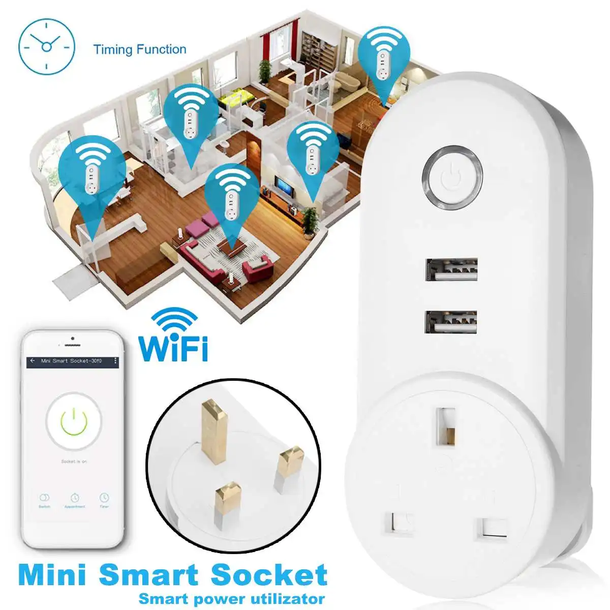 110-230V 1250W Smart Plug with Doulbe USB Control By Mobile Smart Remote Control WiFi Socket Support Vioce Control