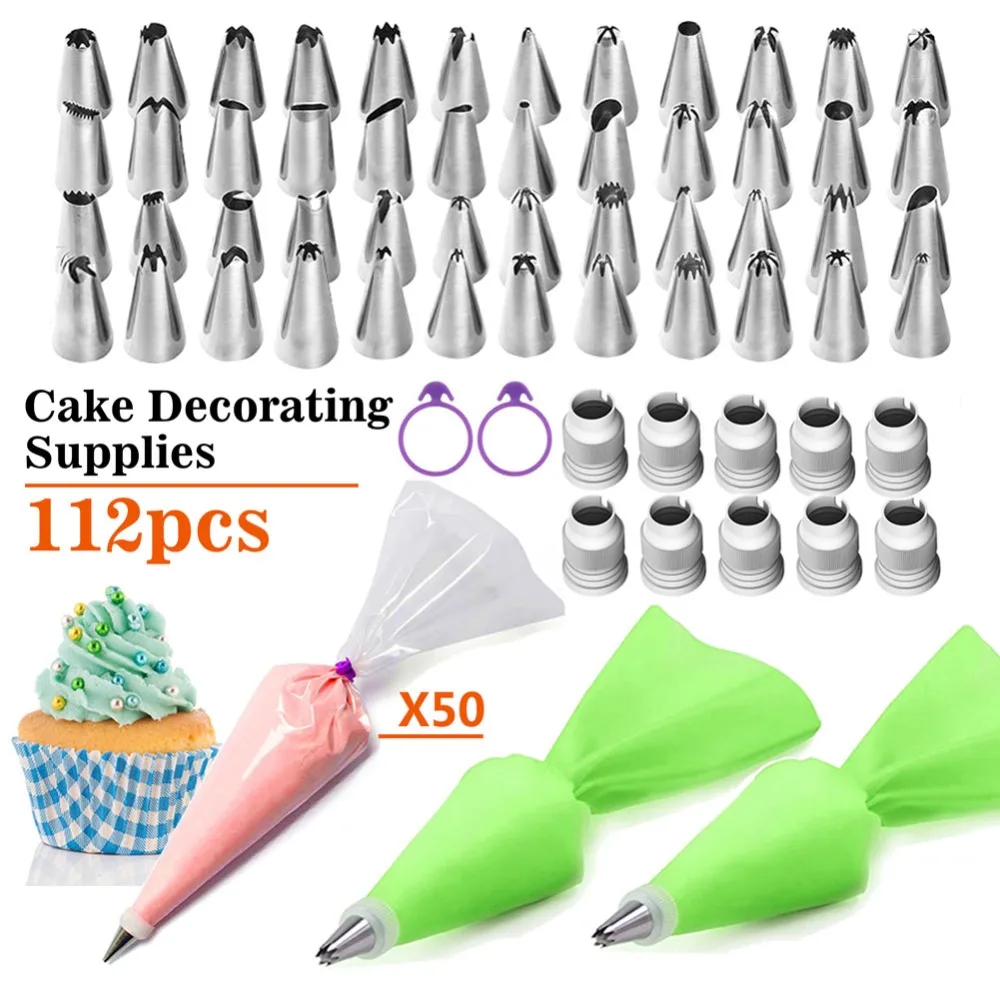 

TTLIFE 112pcs Pastry Nozzles Cake Cream Icing Piping Nozzles Set Christmas Halloween Decorating Tools Pastry Tool Silicone Bag