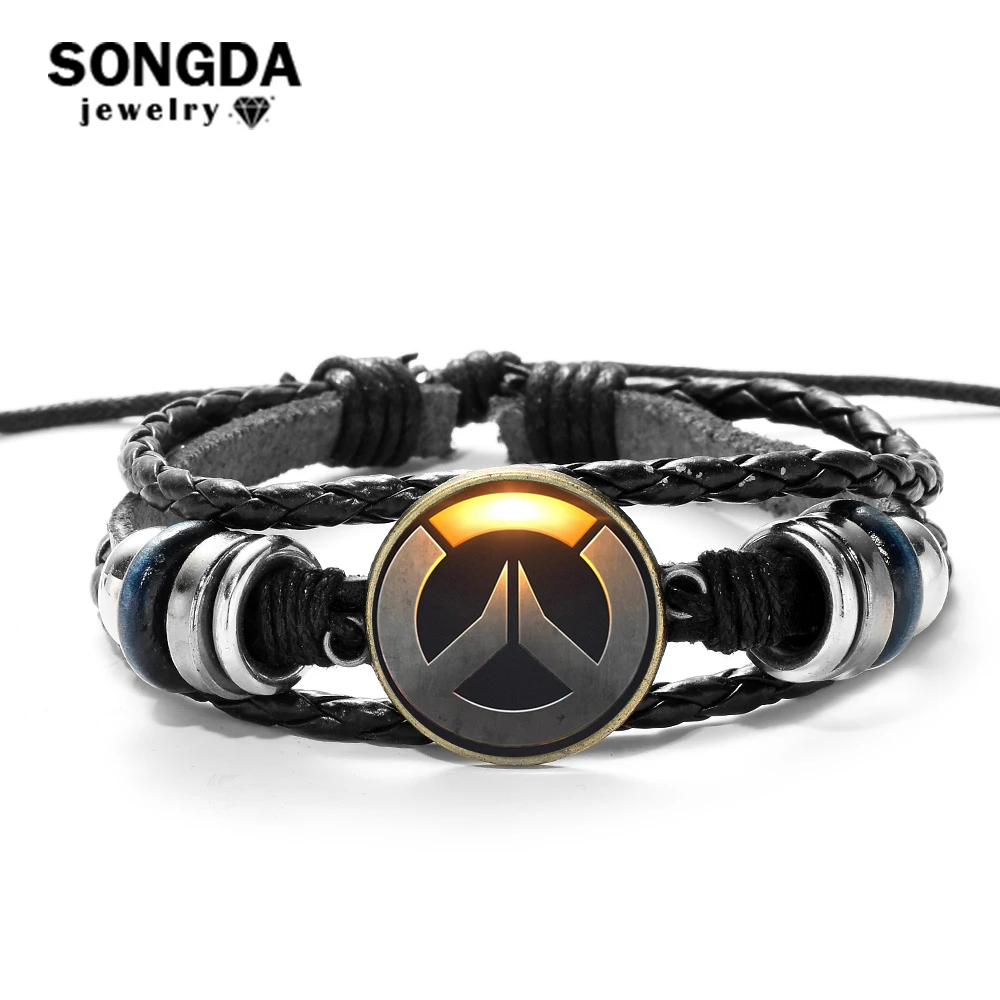 

SONGDA Game Overwatch Leather Bracelet OW Logo Glass Cabochon Wood Beads Black Braided Handmade Bracelets & Bangles Male Gifts
